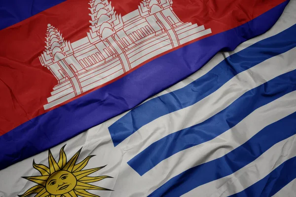 Acenando Bandeira Colorida Uruguai Bandeira Nacional Cambodia Macro — Fotografia de Stock