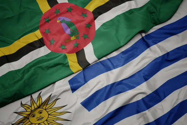 Uruguay Renkli Bayrağı Dominika Nın Ulusal Bayrağı Sallanıyor Makro — Stok fotoğraf