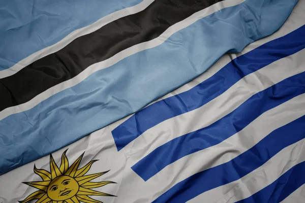 Размахивая Красочным Флагом Уругвая Национальным Флагом Ботсваны Macro — стоковое фото