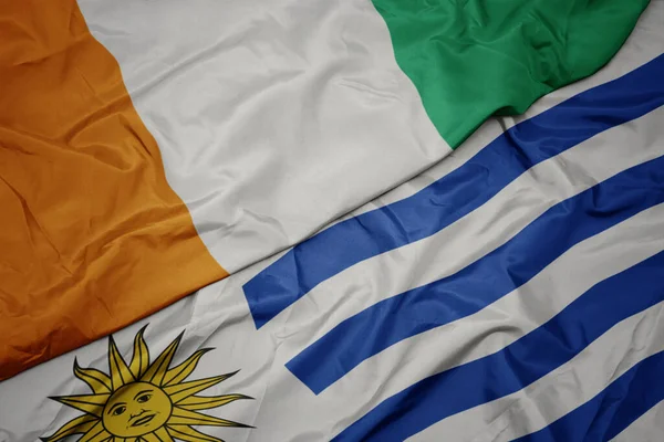 Acenando Bandeira Colorida Uruguai Bandeira Nacional Cote Divoire Macro — Fotografia de Stock