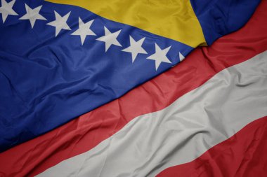 Renkli Avusturya bayrağı sallıyordu. Bosna ve Herzegovina bayrağı. makro