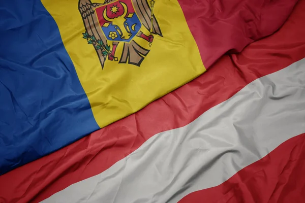 Ondeando Colorida Bandera Austria Bandera Nacional Moldavia Macro —  Fotos de Stock
