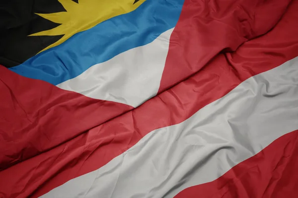 Acenando Bandeira Colorida Áustria Bandeira Nacional Antigua Barbuda Macro — Fotografia de Stock