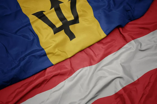 Zwaaiende Vlag Van Oostenrijk Nationale Vlag Van Barbados Macro — Stockfoto