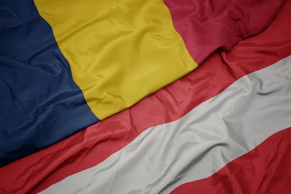 Acenando Bandeira Colorida Áustria Bandeira Nacional Chad Macro — Fotografia de Stock