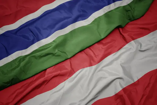 Waving Colorful Flag Austria National Flag Gambia Macro — Stock Photo, Image
