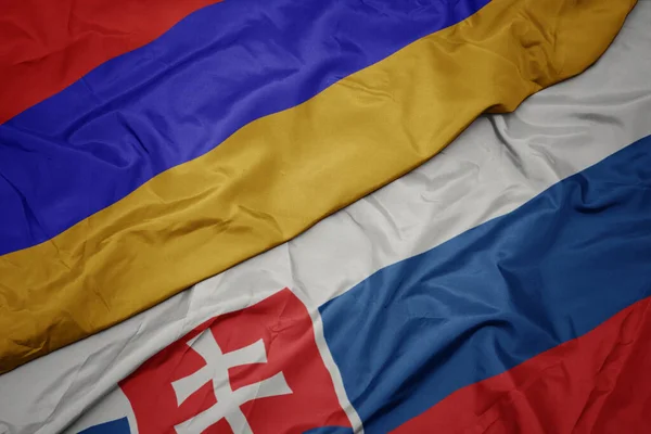 Acenando Bandeira Colorida Eslováquia Bandeira Nacional Arménia Macro — Fotografia de Stock