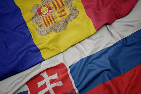 Zwaaiende Kleurrijke Vlag Van Slowakije Nationale Vlag Van Andorra Macro — Stockfoto