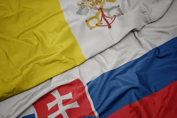 Slovakya Nın Renkli Bayrağı Vatikan Ulusal Bayrağı Sallanıyor Makro — Stok fotoğraf