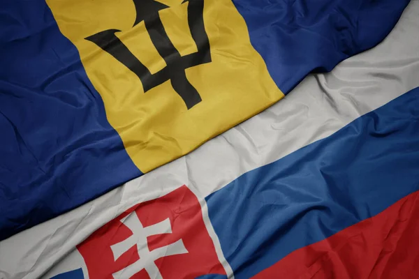Acenando Bandeira Colorida Eslováquia Bandeira Nacional Barbados Macro — Fotografia de Stock
