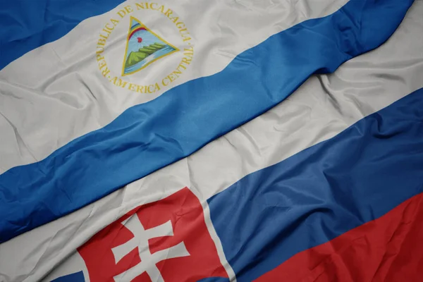 Acenando Bandeira Colorida Eslováquia Bandeira Nacional Nicarágua Macro — Fotografia de Stock