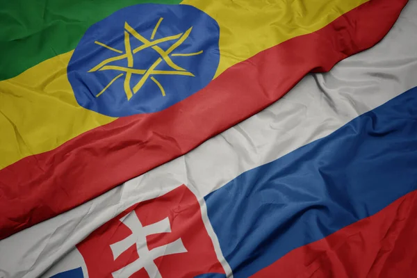 Mávající Barevnou Vlajkou Slovenska Národní Vlajkou Etiopie Makro — Stock fotografie