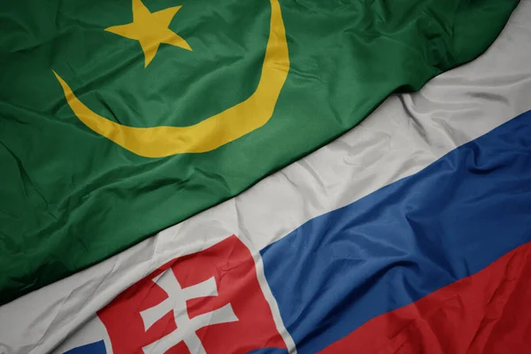 Ondeando Colorida Bandera Eslovaquia Bandera Nacional Mauritania Macro — Foto de Stock