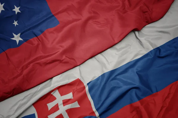 Acenando Bandeira Colorida Eslováquia Bandeira Nacional Samoa Macro — Fotografia de Stock