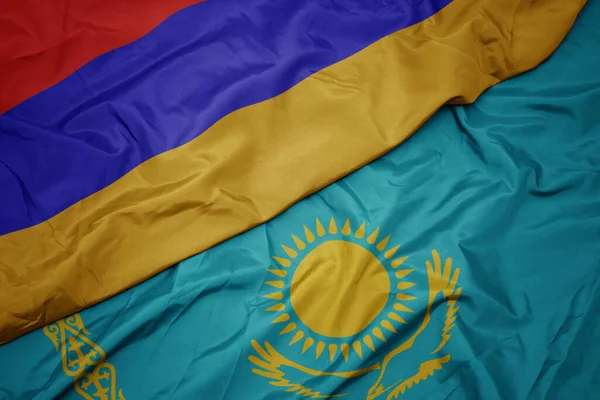 Kazakistan Bayrağı Ermenistan Bayrağı Sallıyordu Makro — Stok fotoğraf