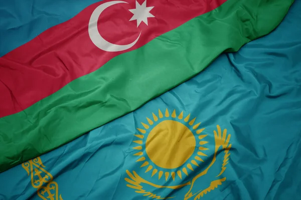 Ondeando Colorida Bandera Kazajstán Bandera Nacional Azerbaiyán Macro — Foto de Stock