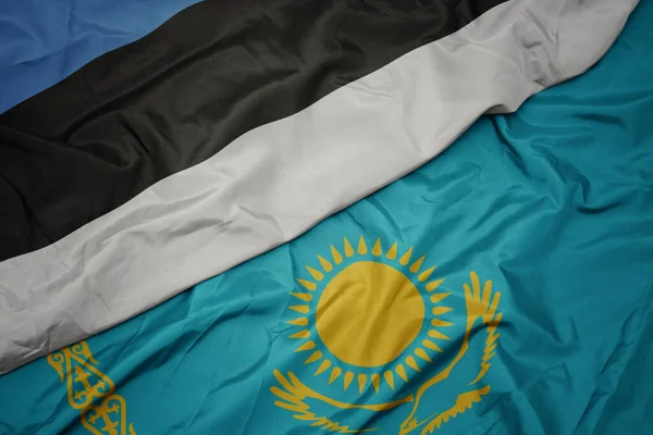 Kazakistan Renkli Bayrağı Estonya Nın Ulusal Bayrağı Sallanıyor Makro — Stok fotoğraf