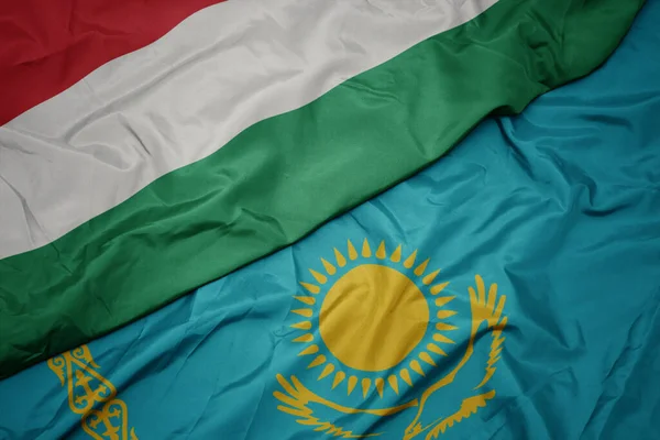 Kazakistan Renkli Bayrağı Hungary Nin Ulusal Bayrağı Sallanıyor Makro — Stok fotoğraf