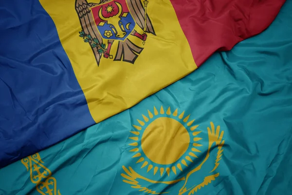Kazakistan Renkli Bayrağı Moldova Nın Ulusal Bayrağı Sallanıyor Makro — Stok fotoğraf