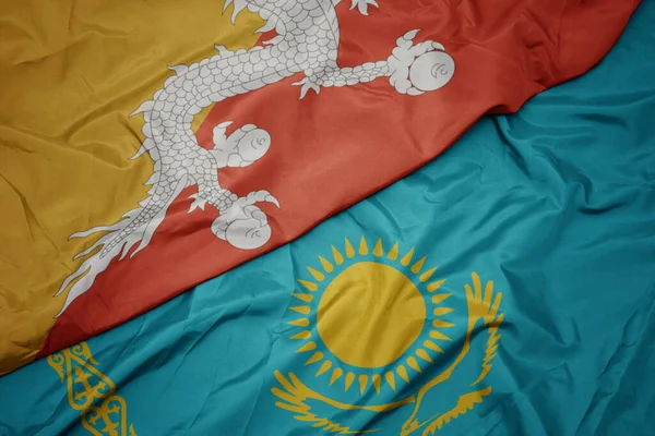Kazakistan Renkli Bayrağını Sallıyor Bhutan Bayrağını Sallıyor Makro — Stok fotoğraf