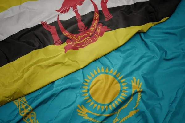 Kazakistan Renkli Bayrağını Sallıyor Ulusal Brunei Bayrağını Sallıyor Makro — Stok fotoğraf