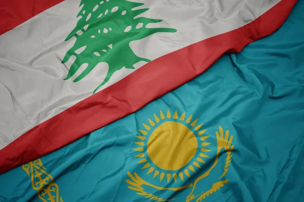 Kazakistan Bayrağı Lübnan Bayrağı Sallıyordu Makro — Stok fotoğraf