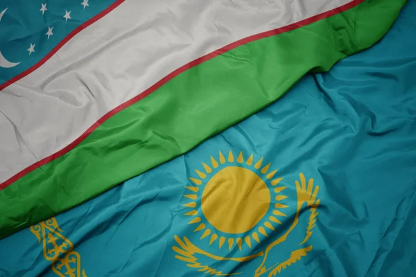 Kazakistan Renkli Bayrağı Özbekistan Ulusal Bayrağı Sallanıyor Makro — Stok fotoğraf