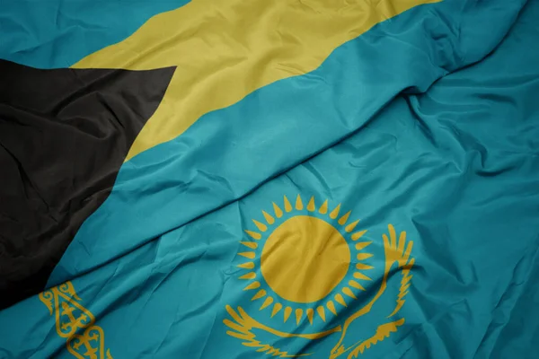 Kazakistan Renkli Bayrağını Bahamalar Ulusal Bayrağını Sallıyordu Makro — Stok fotoğraf