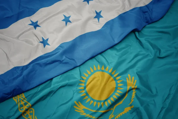 Kazakistan Renkli Bayrağı Honduras Ulusal Bayrağı Sallanıyor Makro — Stok fotoğraf