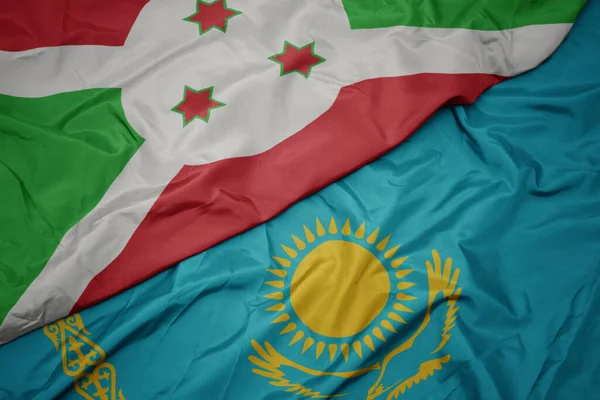 Kazakistan Renkli Bayrağı Burundi Nin Ulusal Bayrağı Sallanıyor Makro — Stok fotoğraf