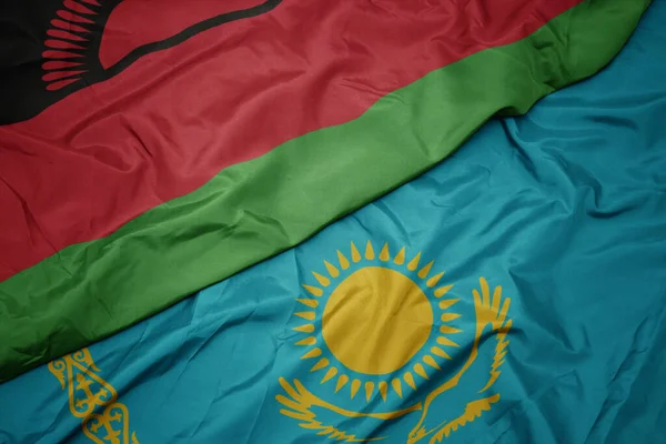 Kazakistan Renkli Bayrağı Malawi Nin Ulusal Bayrağı Sallanıyor Makro — Stok fotoğraf