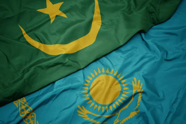Acenando Bandeira Colorida Cazaquistão Bandeira Nacional Mauritânia Macro — Fotografia de Stock