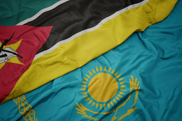 Kazakistan Renkli Bayrağı Mozambik Ulusal Bayrağı Sallanıyor Makro — Stok fotoğraf
