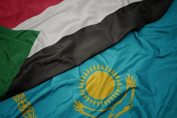 Acenando Bandeira Colorida Cazaquistão Bandeira Nacional Sudan Macro — Fotografia de Stock