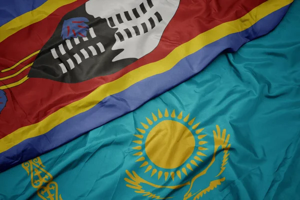 Kazakistan Renkli Bayrağı Svaziland Ulusal Bayrağı Sallanıyor Makro — Stok fotoğraf