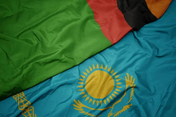 Kazakistan Renkli Bayrağını Zambiya Nın Ulusal Bayrağını Sallıyor Makro — Stok fotoğraf