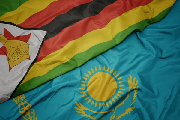 Kazakistan Renkli Bayrağı Zimbabwe Nin Ulusal Bayrağı Sallanıyor Makro — Stok fotoğraf