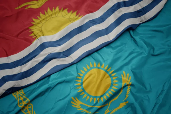 Kazakistan Renkli Bayrağı Ulusal Bayrağını Sallıyordu Makro — Stok fotoğraf