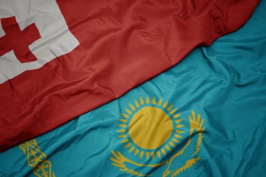 Kazakistan 'ın renkli bayrağı ve ulusal bayrağını sallıyordu. makro