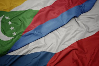 Czech cumhuriyetinin renkli bayrağını sallıyor ve komoroların ulusal bayrağını sallıyordu. makro