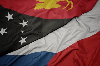 Czech cumhuriyetinin renkli bayrağını ve Papua Yeni Gine 'nin ulusal bayrağını sallıyordu. makro