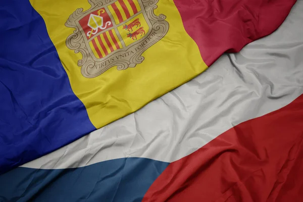 Размахивая Красочным Флагом Чешской Республики Национальным Флагом Андорры Macro — стоковое фото