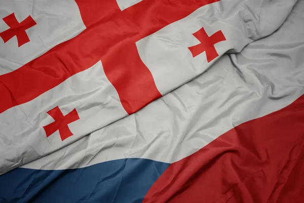 Zwaaiende Vlag Van Tsjechische Republiek Nationale Vlag Van Georgië Macro — Stockfoto