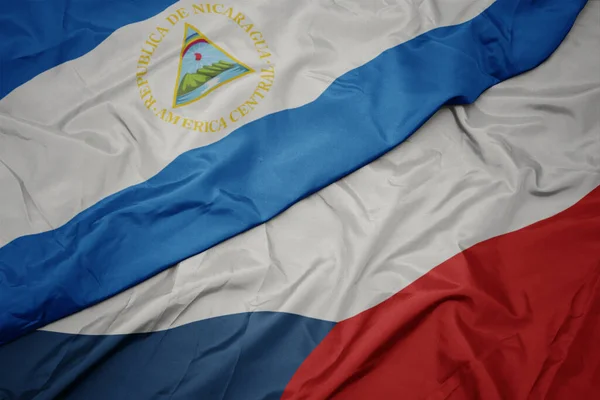 Acenando Bandeira Colorida República Checa Bandeira Nacional Nicarágua Macro — Fotografia de Stock