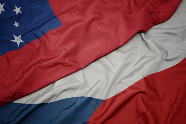 Vlající Barevnou Vlajkou České Republiky Národní Vlajkou Samoy Makro — Stock fotografie
