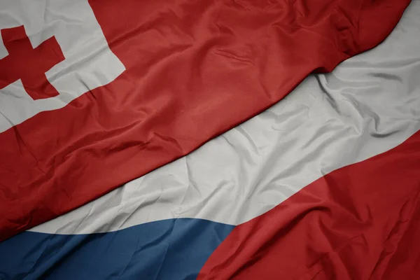 Zwaaiende Vlag Van Tsjechische Republiek Nationale Vlag Van Tonga Macro — Stockfoto