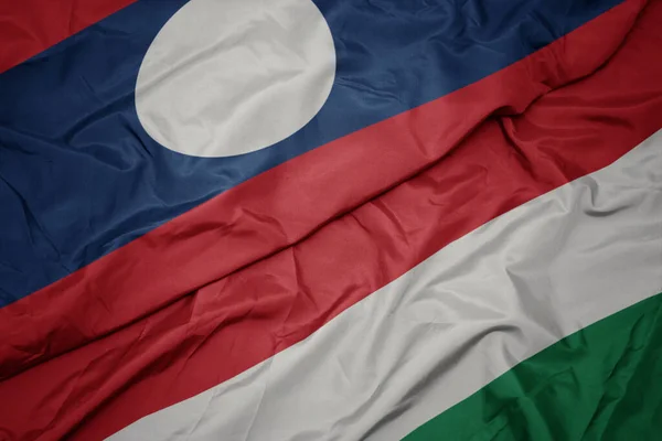 Waving Colorful Flag Hungary National Flag Laos Macro — Stock Photo, Image