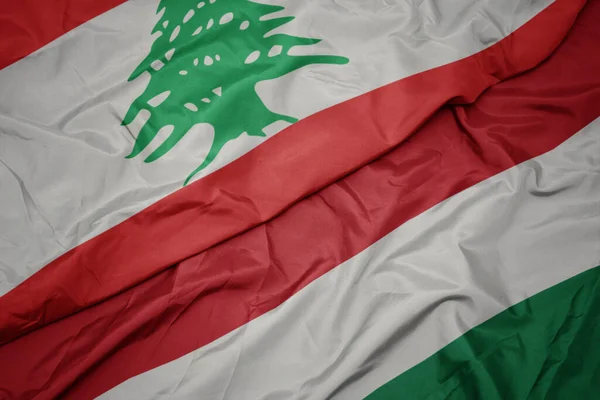 Waving Colorful Flag Hungary National Flag Lebanon Macro — Stock Photo, Image