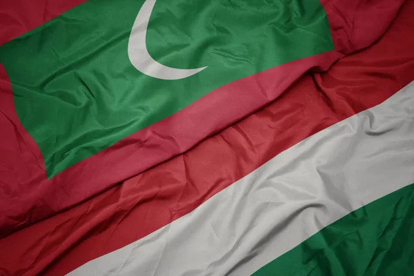 Размахивая Красочным Флагом Венгрии Национальным Флагом Мальдив Macro — стоковое фото