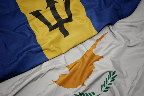 Mávající Barevnou Vlajkou Cypru Národní Vlajkou Barbadosu Makro — Stock fotografie